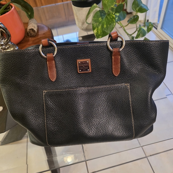Dooney & Bourke Handbags - Dooney & Bourke Tammy Black Pebbled Leather Tote with Brown Trim.